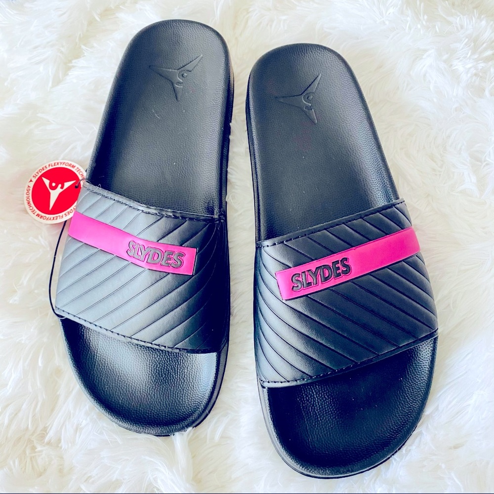 SLYDES Women Black & Pink Slide Sandals Size 8.5 BRAND NEW